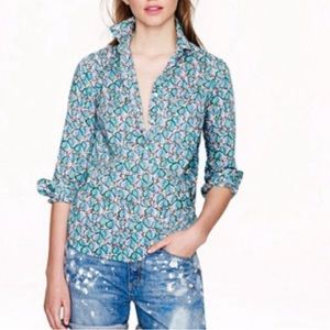 J. CREW Botanical Print 3/4 Button/Collared/Long Sleeve Popover Blouse